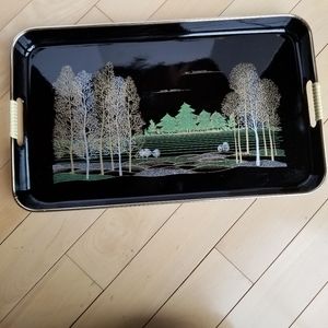 Black Laquerware Serving Tray Japan Metallic Trees Wrapped Handles 11x18.5"
